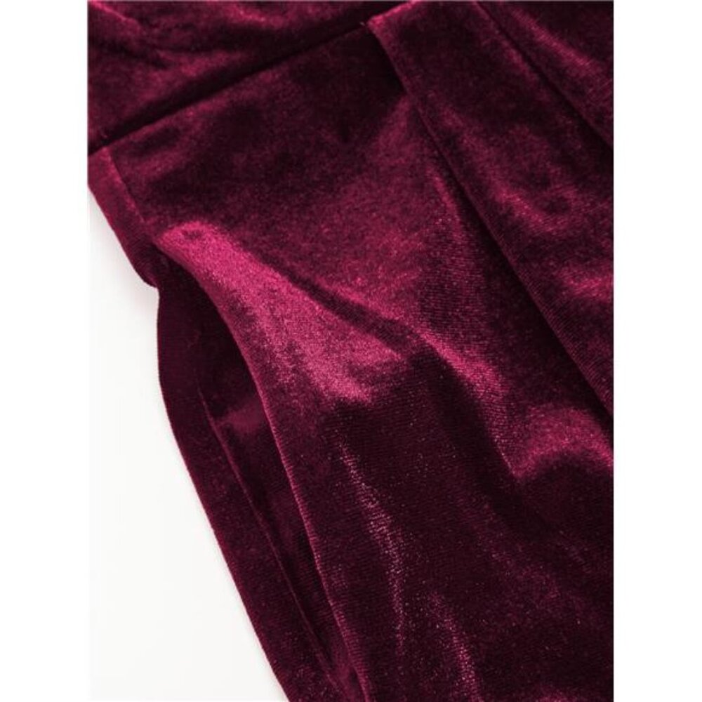 Women's Velvet Off-shoulder Solid Ruched Jumpsuit, Wine - Picture 2 of 5